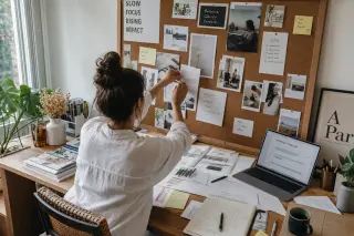 Freelancer arranging printed moodboards and handwritten notes on a large desk in a naturally lit, creative home office, hands mid-action, in a focused and authentic workspace.