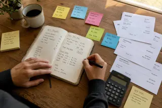 Freelance professional's hands writing in a notebook with project notes and invoices on a wooden desk, natural light creating a focused work ambiance.