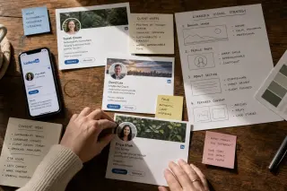 Freelance professional at a wooden table, hands reviewing annotated documents, with a smartphone beside and sunlight illuminating the workspace.