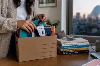 Hands of a woman organizing personal and professional items into a box on a wooden table, with a city view visible in a softly lit, real living room.