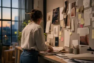 Freelance strategist examining trend reports at standing desk, surrounded by creative materials and natural dusk light in a modern studio.