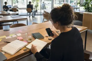 Freelance woman working in a sunlit café, reviewing notes and recording a voice message, surrounded by authentic work materials
