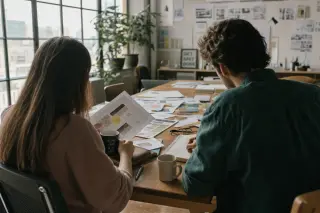 Two creative professionals collaborating over documents and sketches at a wooden table in a well-lit, authentic workspace with a calm, focused atmosphere.