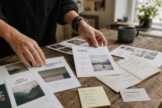 Freelancer's hands organizing portfolios and notes on a wooden table in soft natural light.