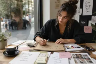 Freelance creative woman sketching personal branding ideas by hand in a modern coworking space, with color swatches and notes around her, captured in natural light with a reflective, candid feel.