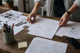 Hands organizing printed project portfolios and marked mockups on a wooden table, in a bright, simple home studio with creative tools scattered naturally.