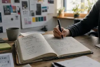 Freelancer in a casual workspace by a window, reviewing documents and marking notes on paper, natural light creating a calm, professional atmosphere.