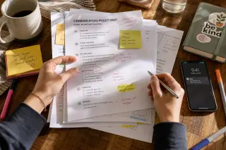 freelancer's hands reviewing annotated briefs with scattered notes at a sunlit natural table, preparing for a first client mission