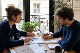Two creative professionals exchanging notes and market reports at a wooden table in a softly-lit coworking space, focused and engaged in discussion.
